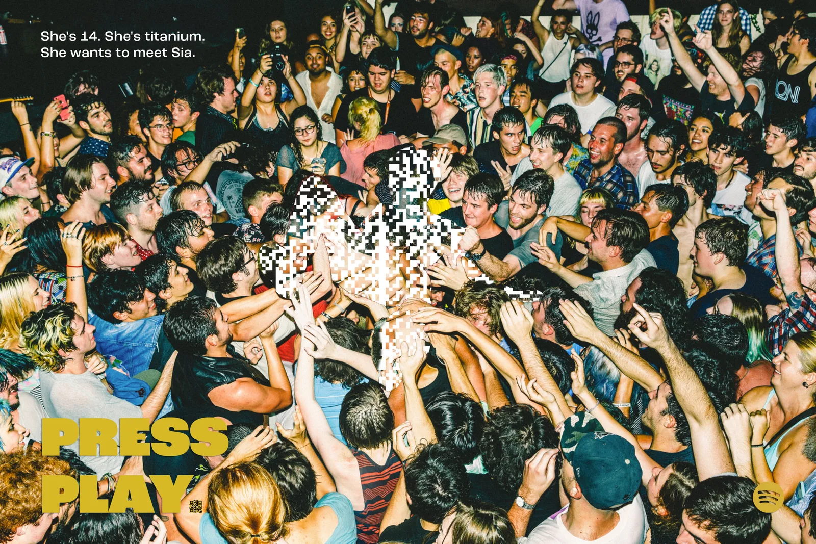 Packed all-ages show, a white code crowdsurfer. Headline, She's 14. She's titanium. She wants to meet Sia. Press play.