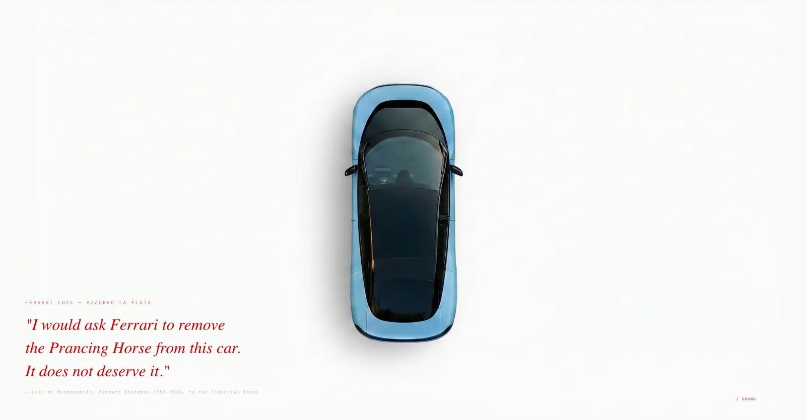 The bumperstories.xyz landing page, the blue Luce from above beside a quote from Luca di Montezemolo