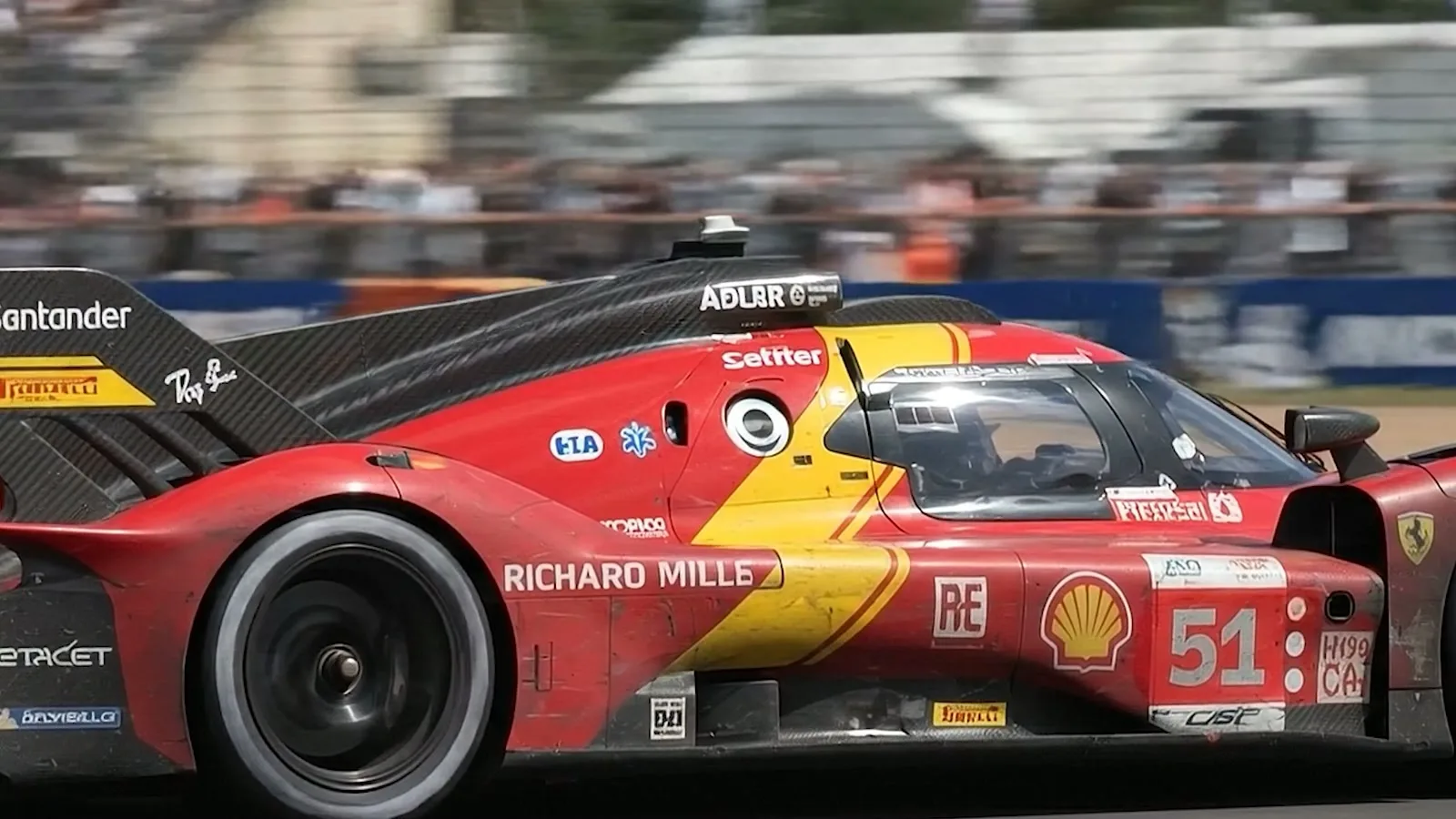 Frame from the film of the Ferrari 499P number 51 at speed