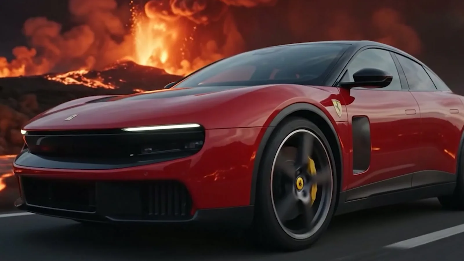 Frame from the film, the red car close up on the road with the eruption behind it