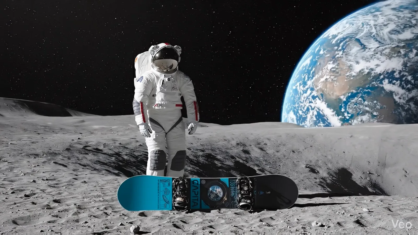 The astronaut stands at the crater rim with the board set down at their feet, Earth in the black sky