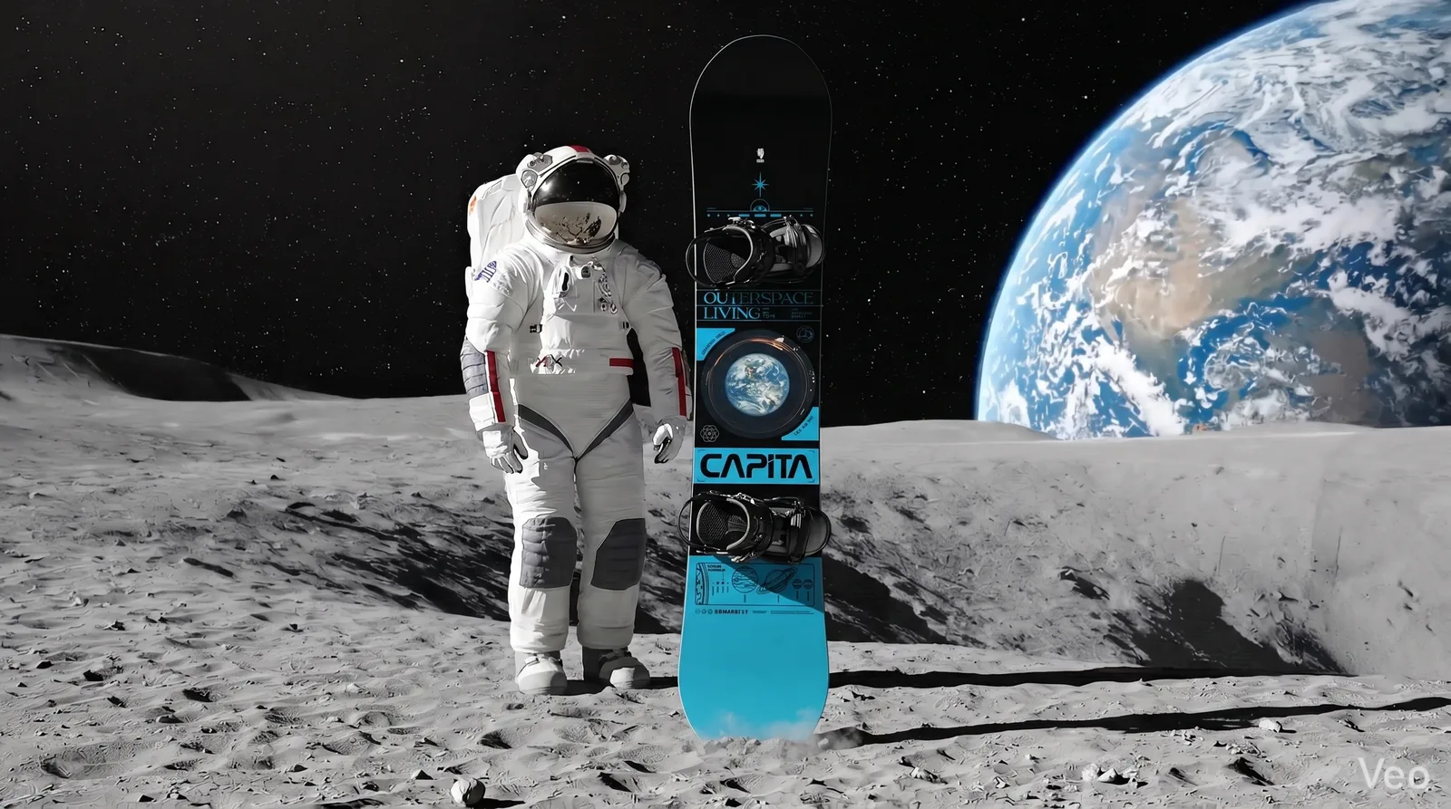 The same deck composited onto the lunar surface beside an astronaut, Earth in the sky