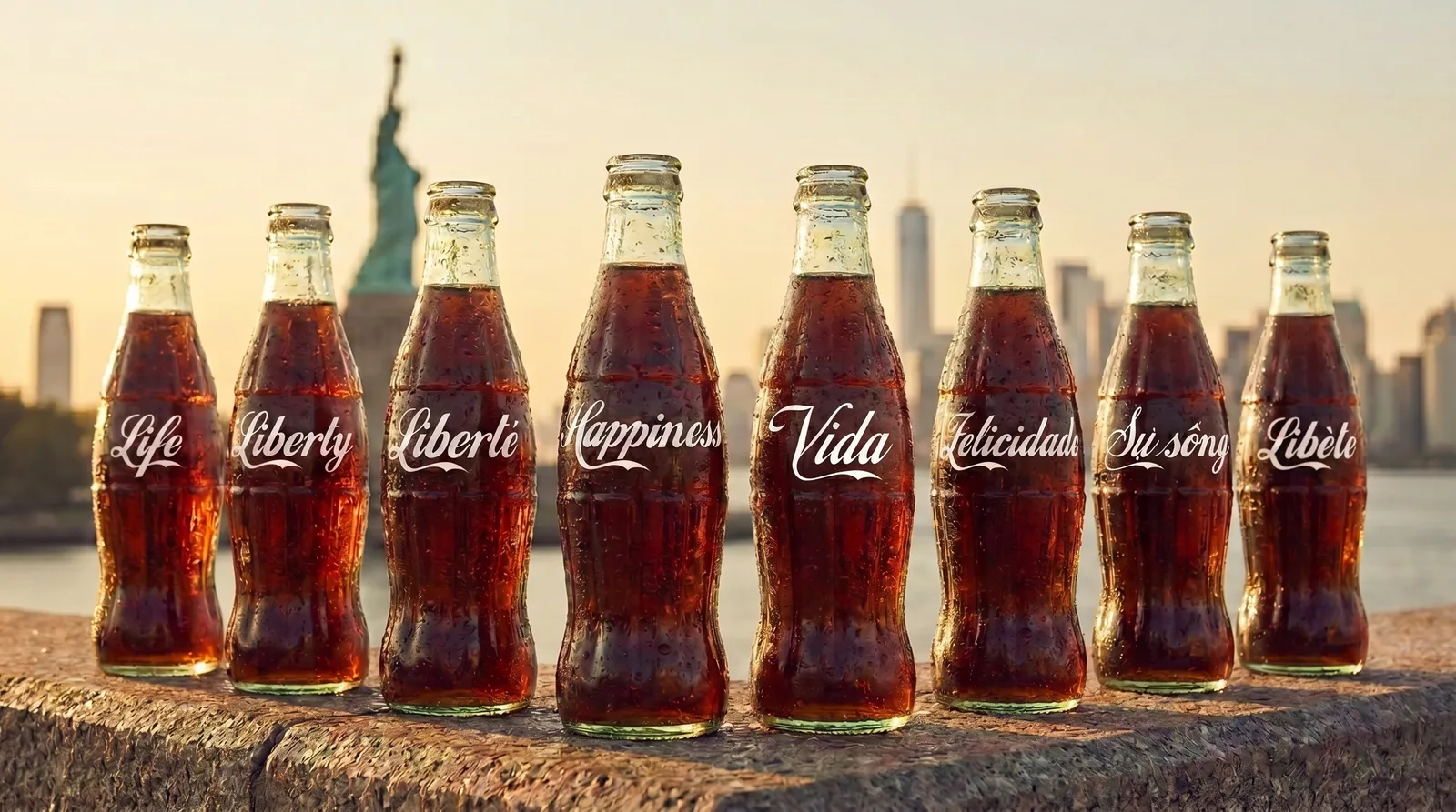 Eight Coca-Cola bottles in a row, each label a different language