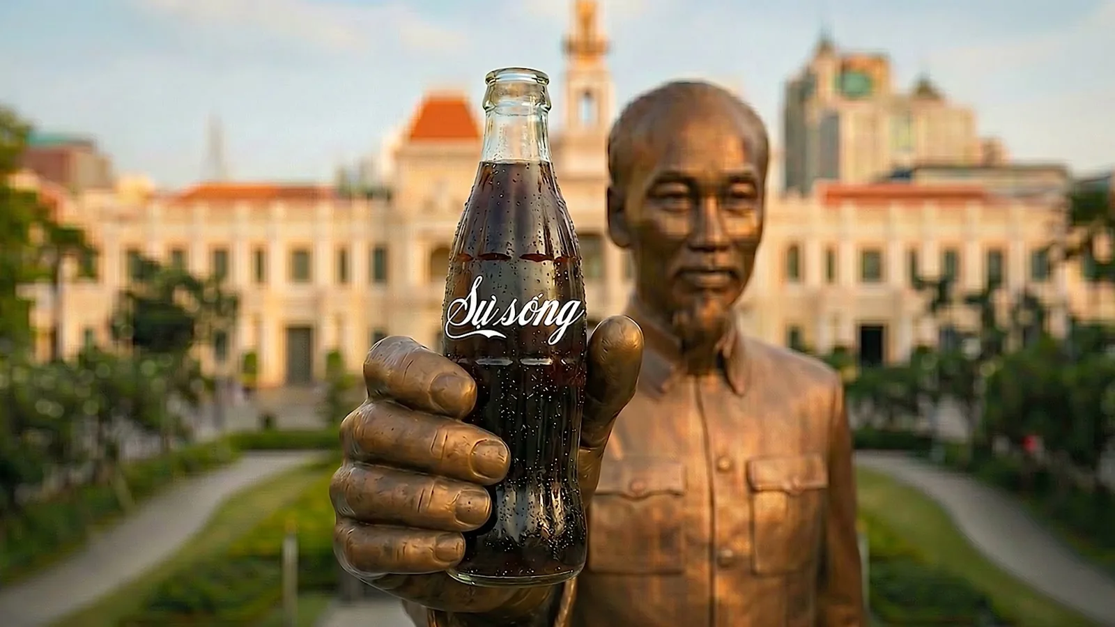 Frame from the film, the statue holding out a Coca-Cola bottle reading Sự sống