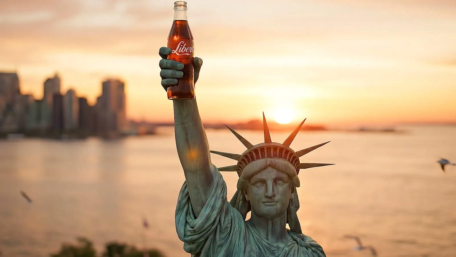 Frame from the film, the Statue of Liberty at dawn raising a Coca-Cola bottle reading Liberty over New York harbor