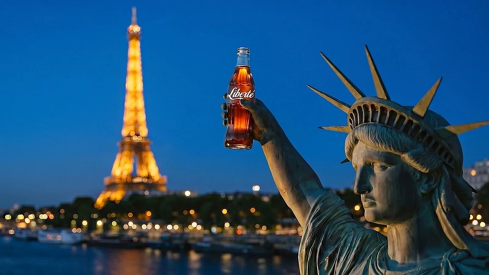 Frame from the film, the Paris Liberty raising a Coca-Cola bottle reading Liberté, the Eiffel Tower lit behind her