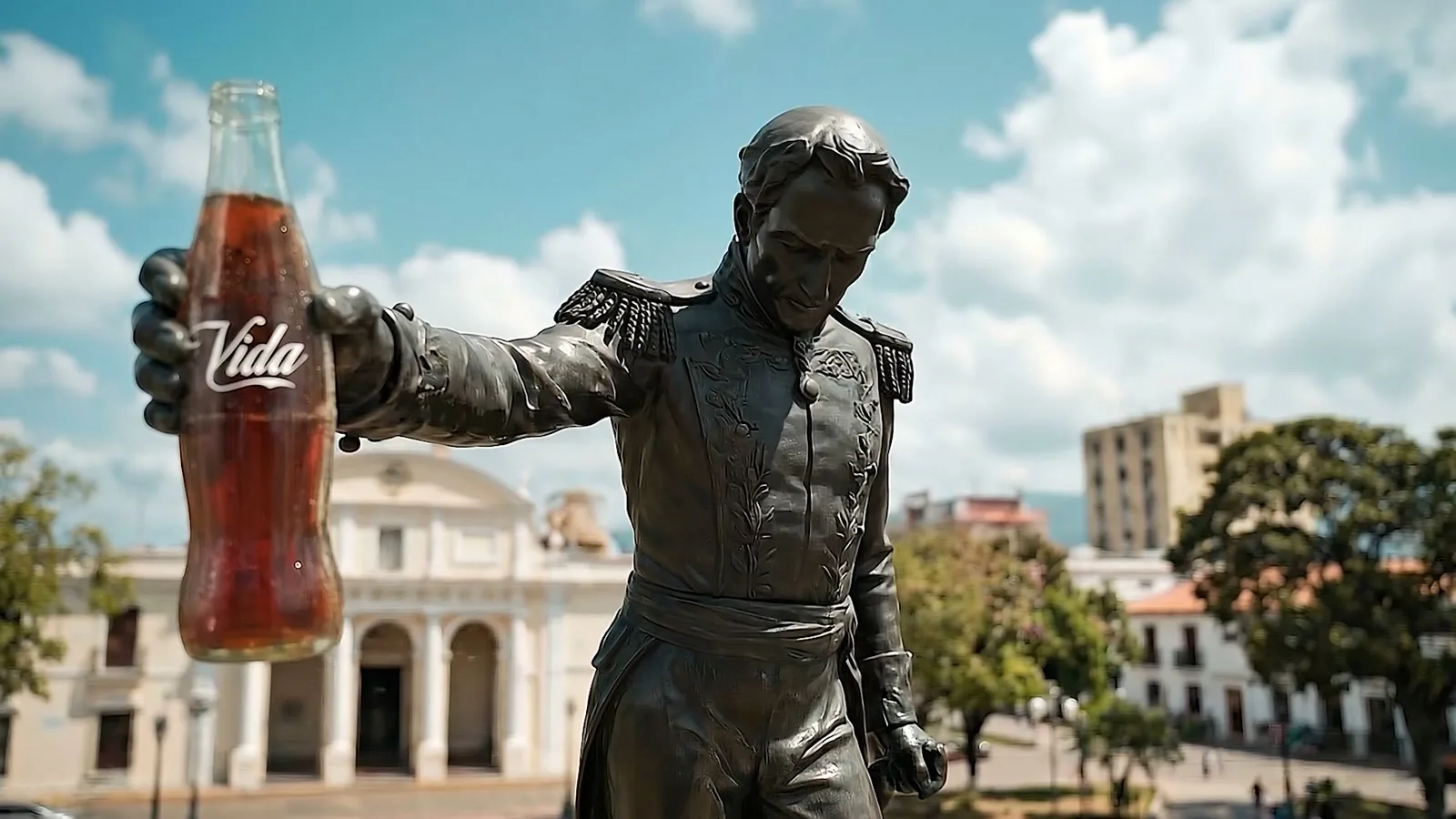 Frame from the film, the Bolívar statue in Valencia holding out a Coca-Cola bottle reading Vida