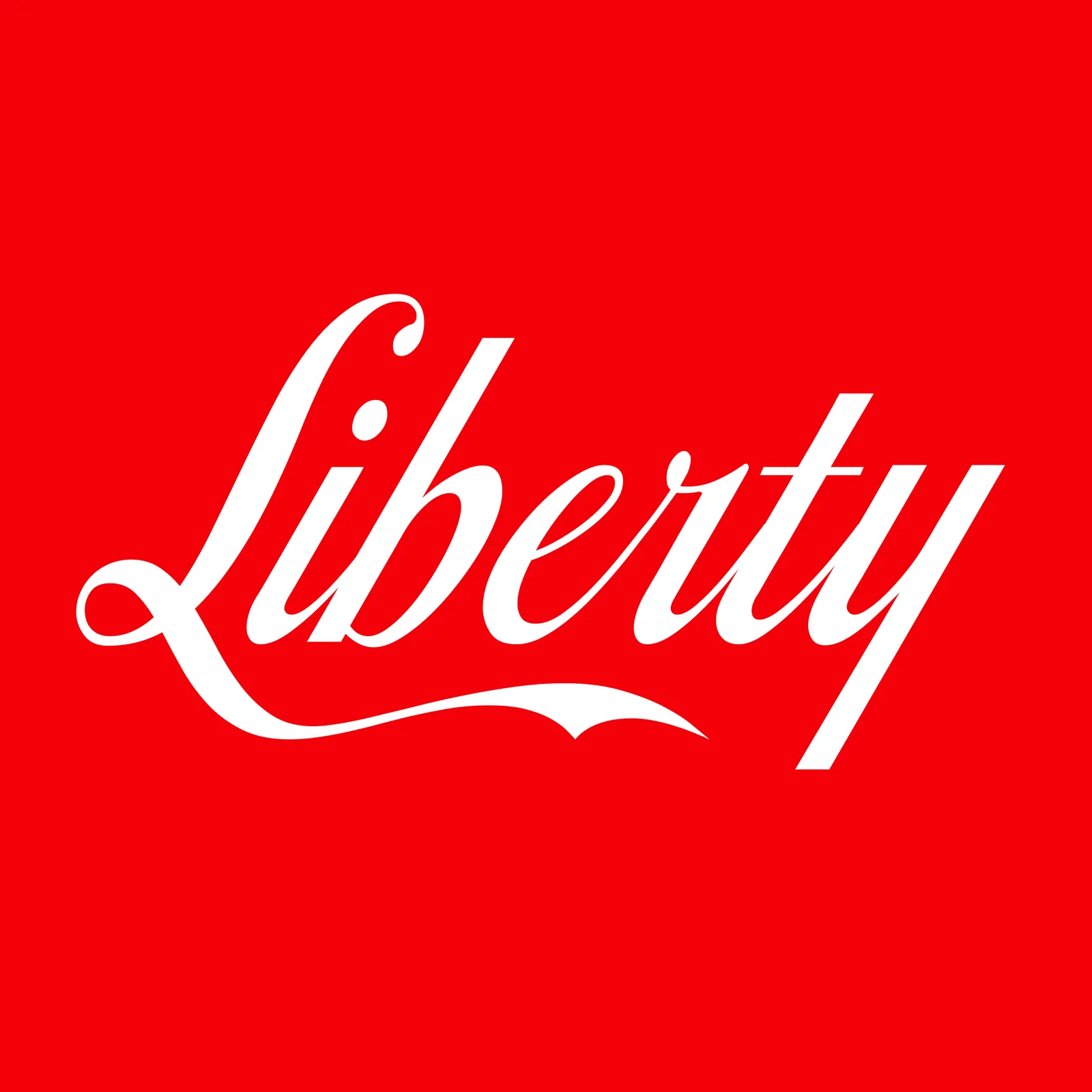 The word Liberty in white Coca-Cola script on Coca-Cola red
