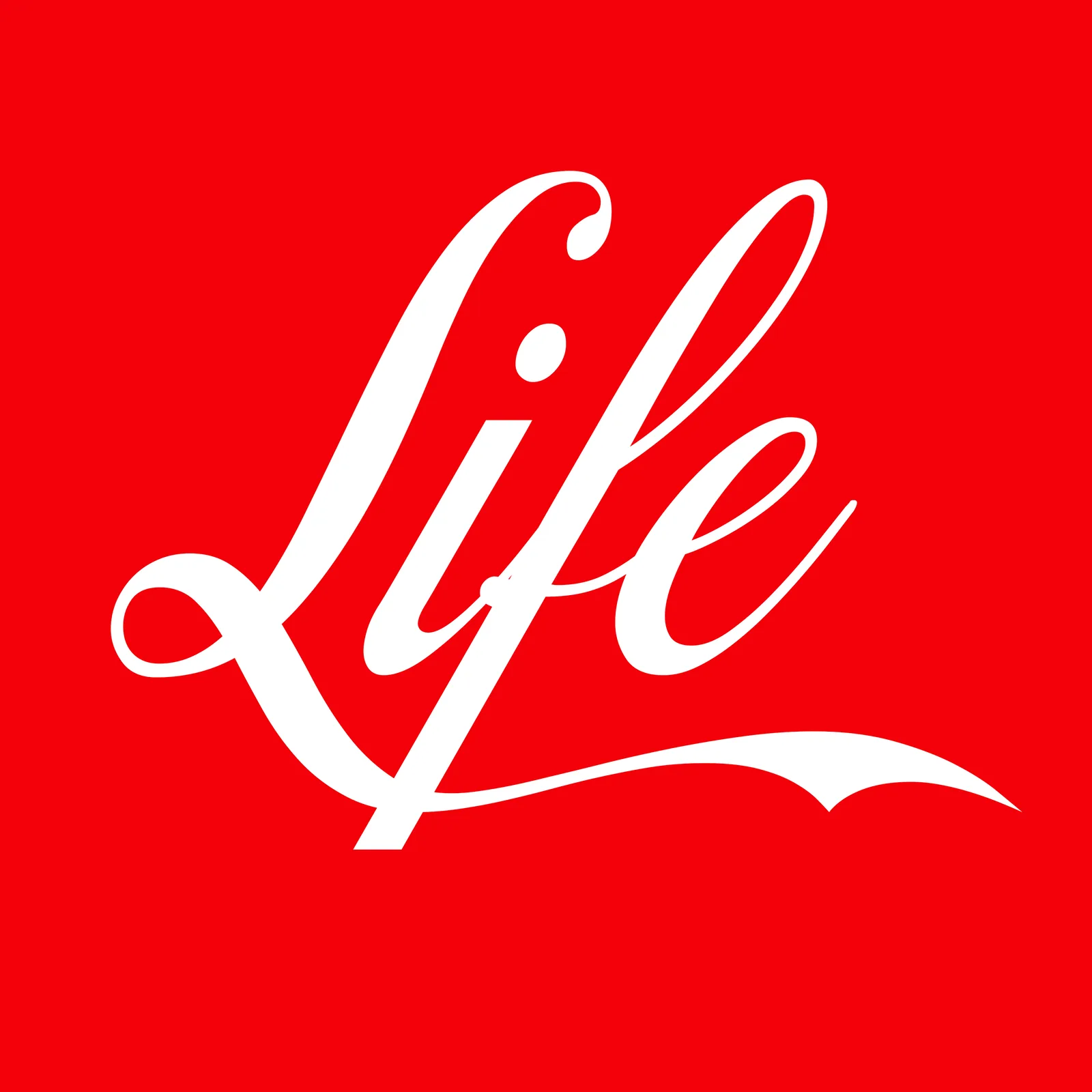 The word Life in white Coca-Cola script on Coca-Cola red